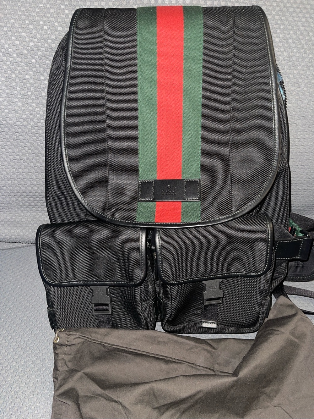 Gucci Black Backpack with Signature Red and Green Stripe
